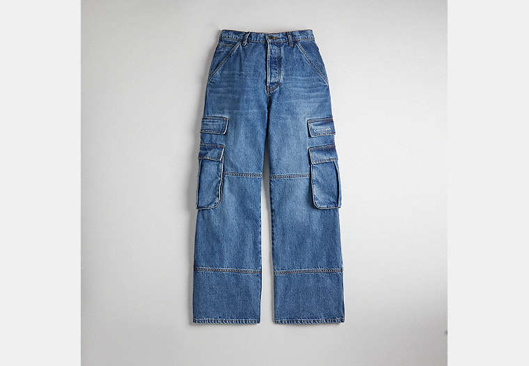 COACH®,Denim Cargo Pant in 31% Recycled Cotton,69% Organic Cotton, 31% Recycled Cotton,Denim,Front View image number 0