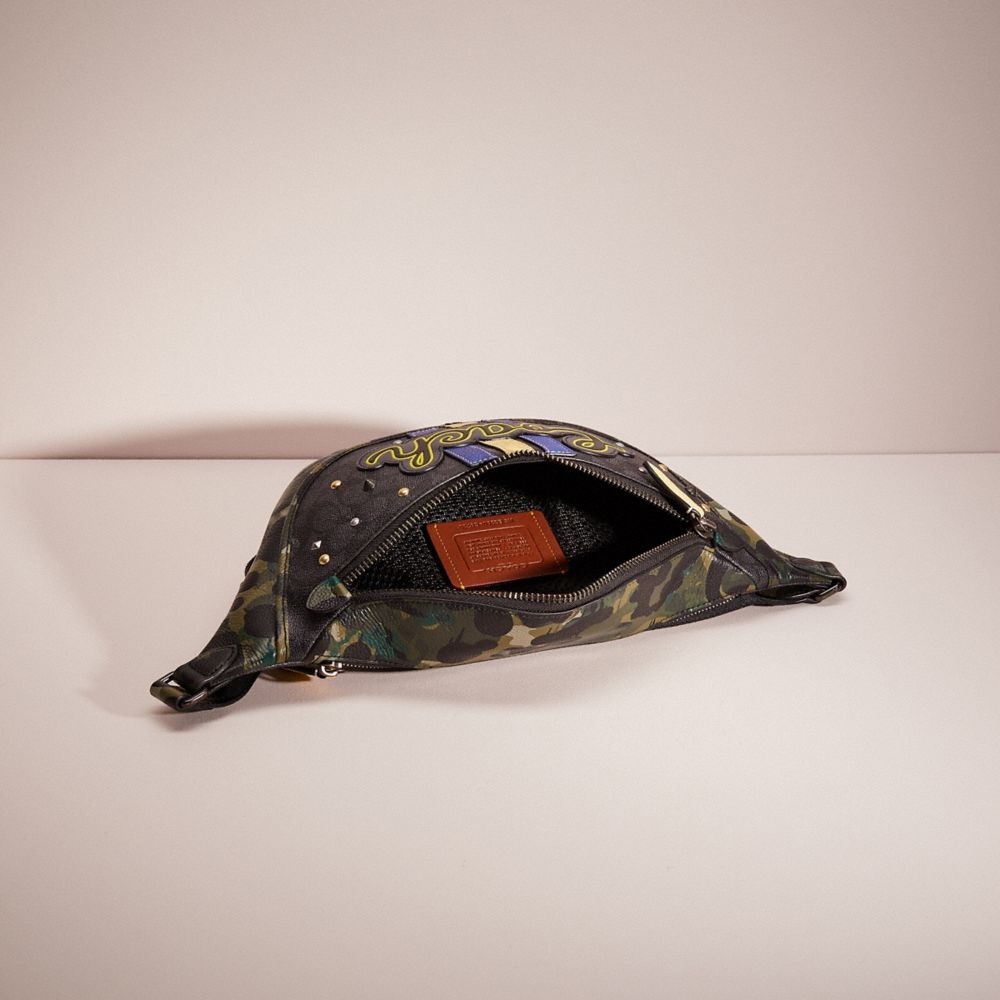 COACH®,UPCRAFTED LEAGUE BELT BAG IN SIGNATURE CANVAS WITH CAMO PRINT,Polished Pebble Leather,Medium,Streetwear,Charcoal Multi,Inside View,Top View