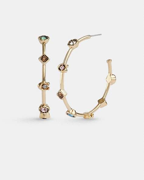 COACH®,SIGNATURE STONE HOOP EARRINGS,Plated Brass,Gold/Multi,Front View