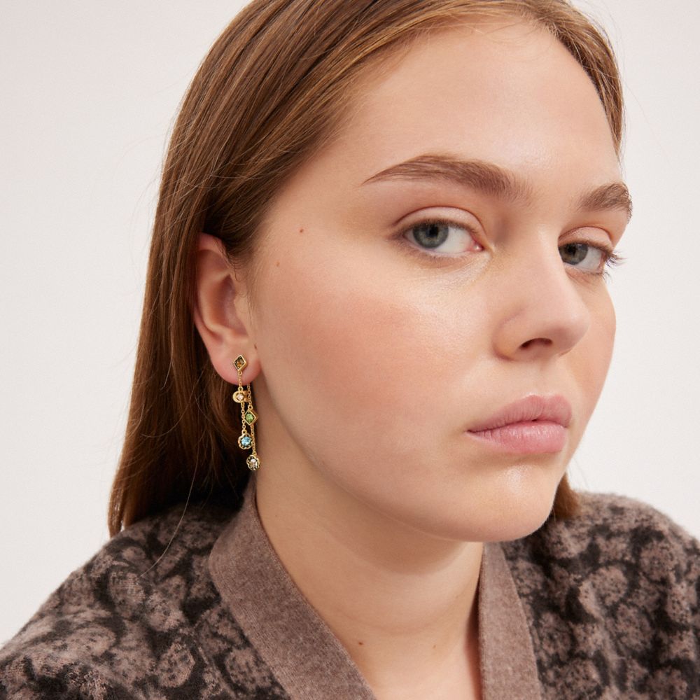 COACH®,BOUCLES D’OREILLES AVANT-ARRIÈRE AVEC PIERRES SIGNATURE,Laiton plaqué,Or/Multi,Detail View