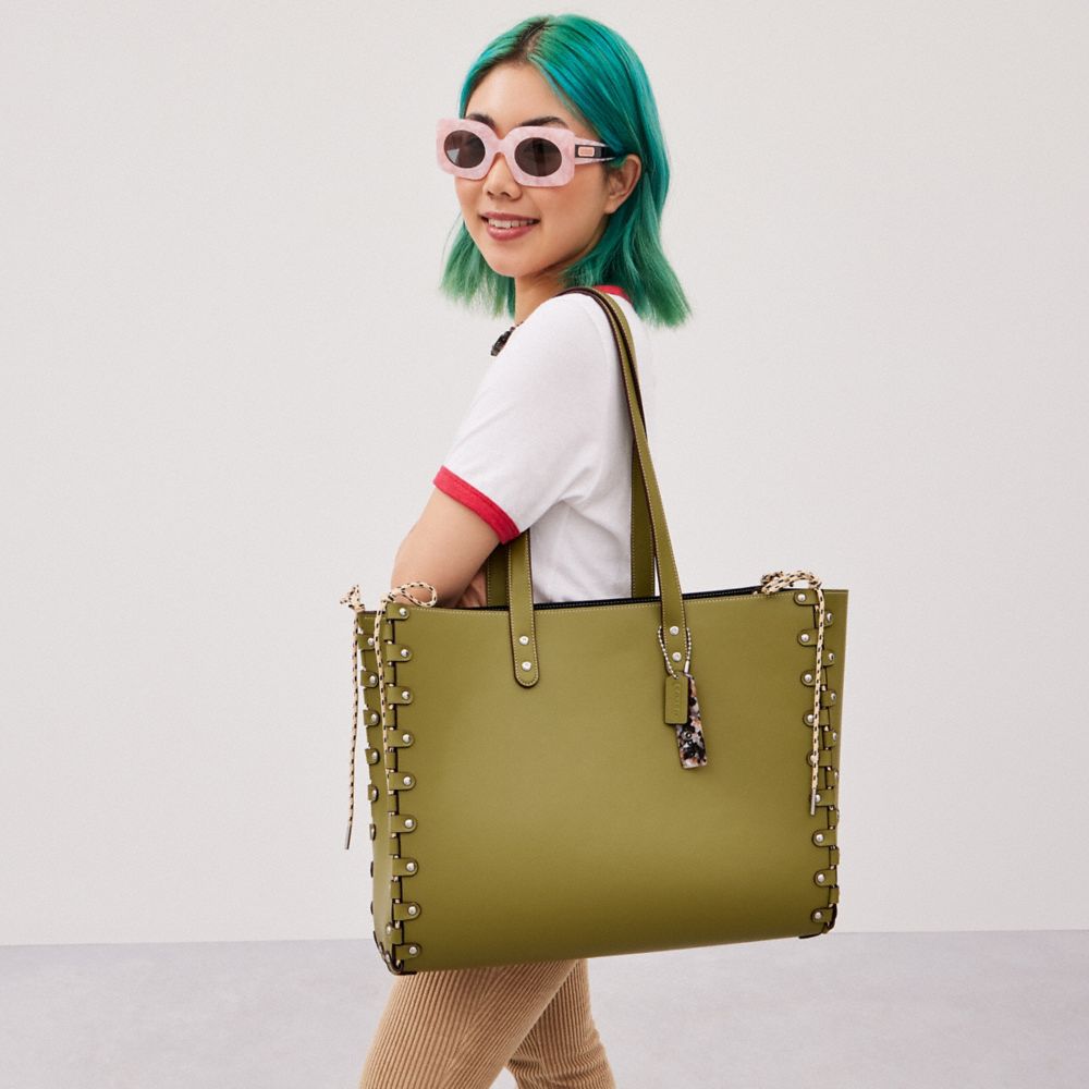 COACH®,Large Re Laceable Tote In Coachtopia Leather,Lining Leather,Leather,Pouch,Tote,Plastic,Studded,Embossed,Logo,Revers...,Olive,Detail View