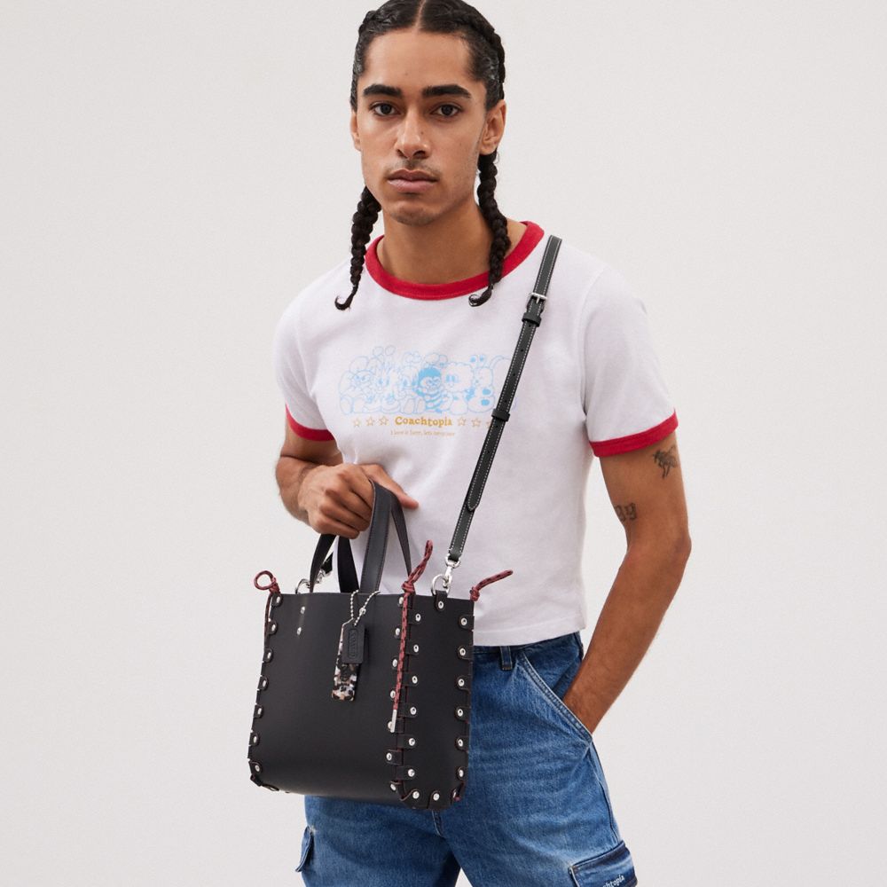 COACH®,Medium Re Laceable Tote In Coachtopia Leather,Lining Leather,Leather,Acrylic,Crossbody,Pouch,Plastic,Logo,Studded,E...,Black,Detail View
