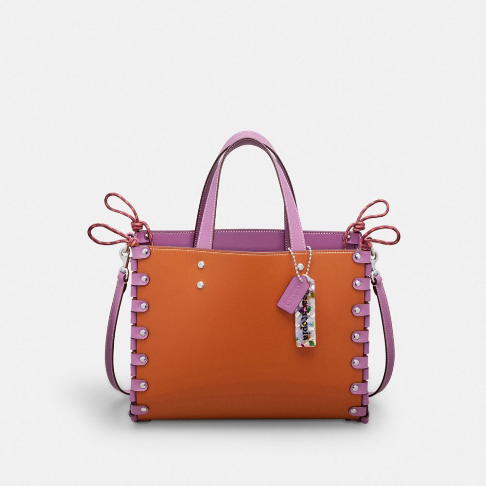 COACH®,Medium Re Laceable Tote In Coachtopia Leather,Lining Leather,Leather,Acrylic,Crossbody,Pouch,Plastic,Logo,Studded,E...,Multi Color,Purple,Angle View