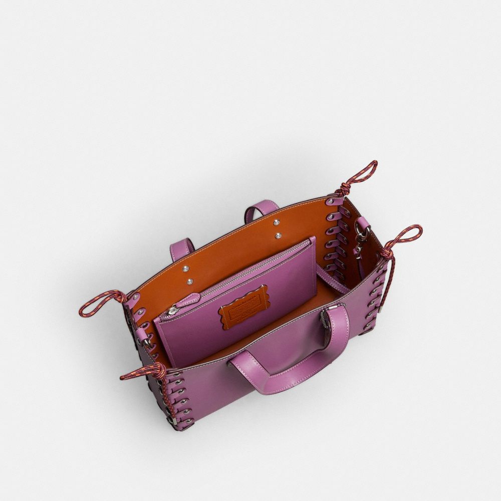 COACH®,Medium Re Laceable Tote In Coachtopia Leather,Lining Leather,Leather,Acrylic,Crossbody,Pouch,Plastic,Logo,Studded,E...,Multi Color,Purple,Inside View,Top View