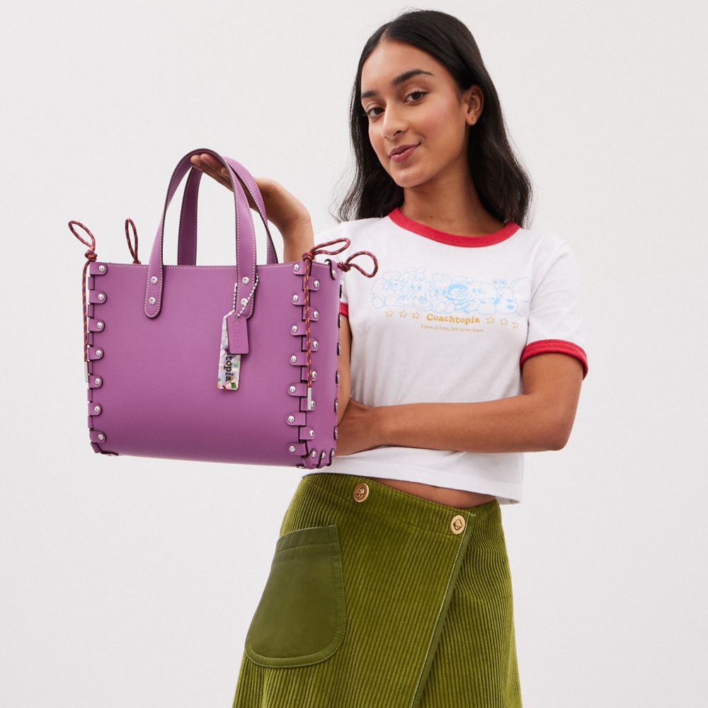 COACH®,Medium Re Laceable Tote In Coachtopia Leather,Lining Leather,Leather,Acrylic,Crossbody,Pouch,Plastic,Logo,Studded,E...,Multi Color,Purple,Detail View