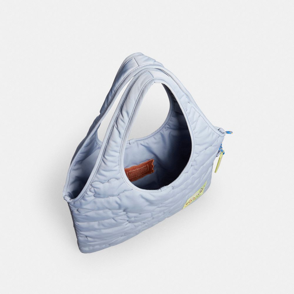 COACH®,Coachtopia Loop Flat Tote With Cloud Quilting,Recycled Polyester,Lining Recycled Polyester,Tote,Logo,Embroidered,Ap...,Blue,Inside View,Top View