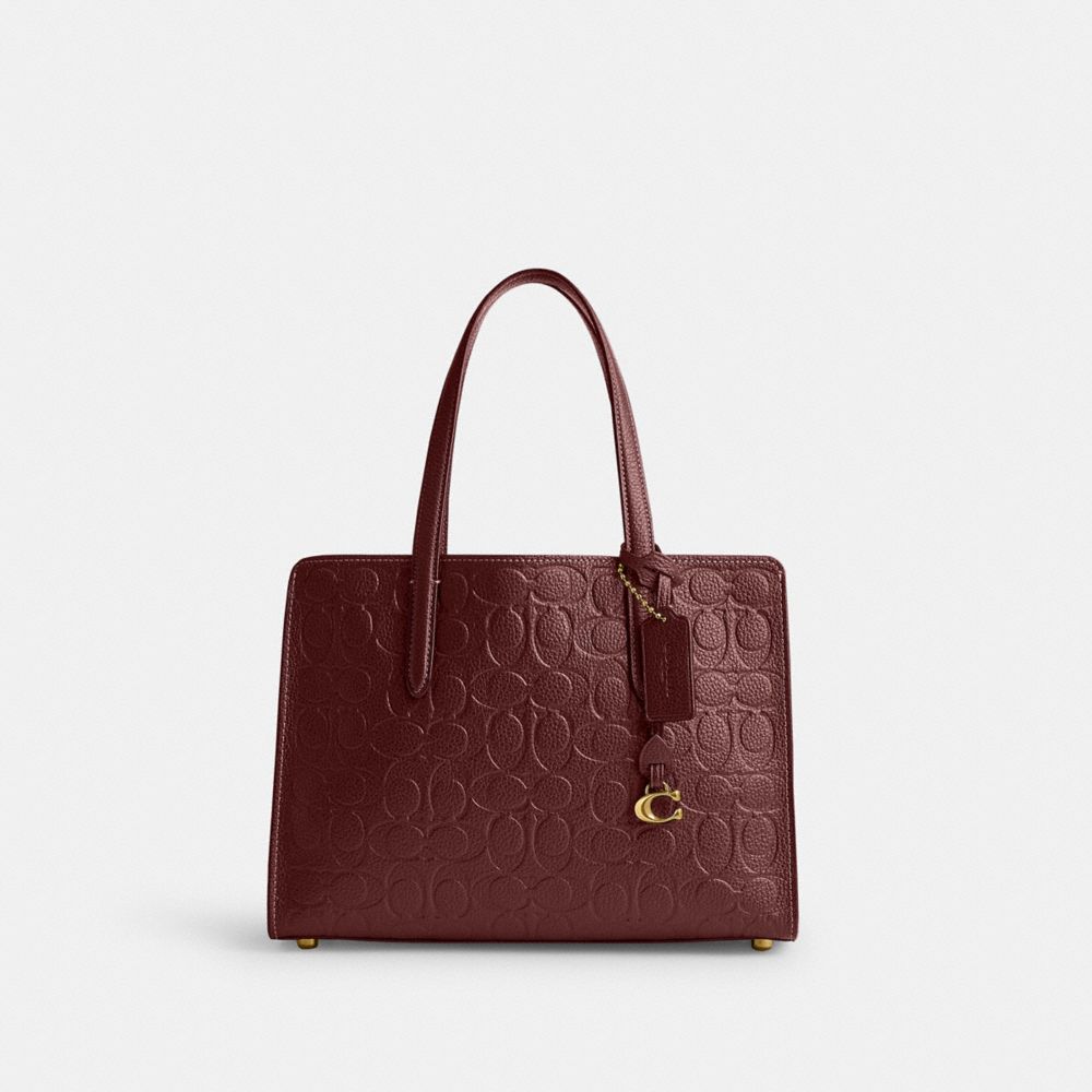 COACH®,CARTER CARRYALL BAG 28 IN SIGNATURE LEATHER,Polished Pebble Leather,Medium,Brass/Wine,Front View