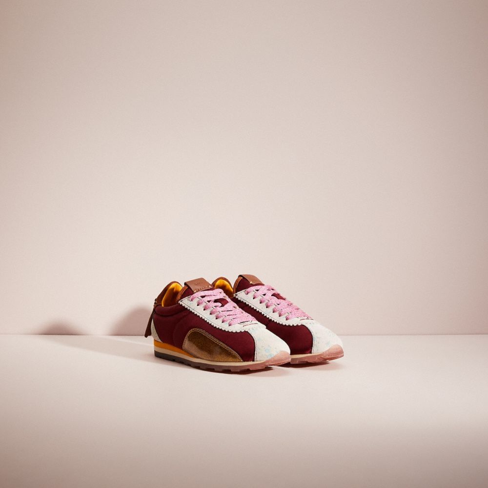 COACH®,RESTORED C122 RUNNER WITH PRINTED SUEDE AND FRINGE,Satin,Wine,Angle View