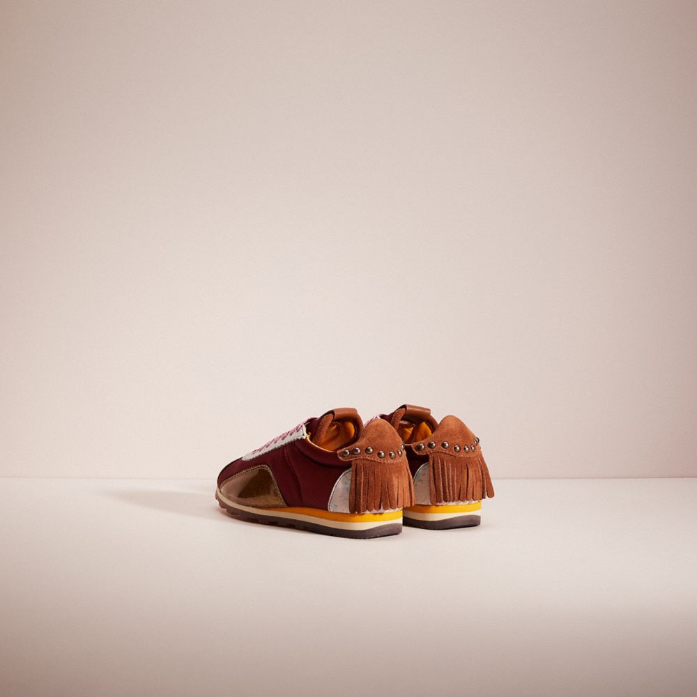 COACH®,RESTORED C122 RUNNER WITH PRINTED SUEDE AND FRINGE,Satin,Wine,Back View