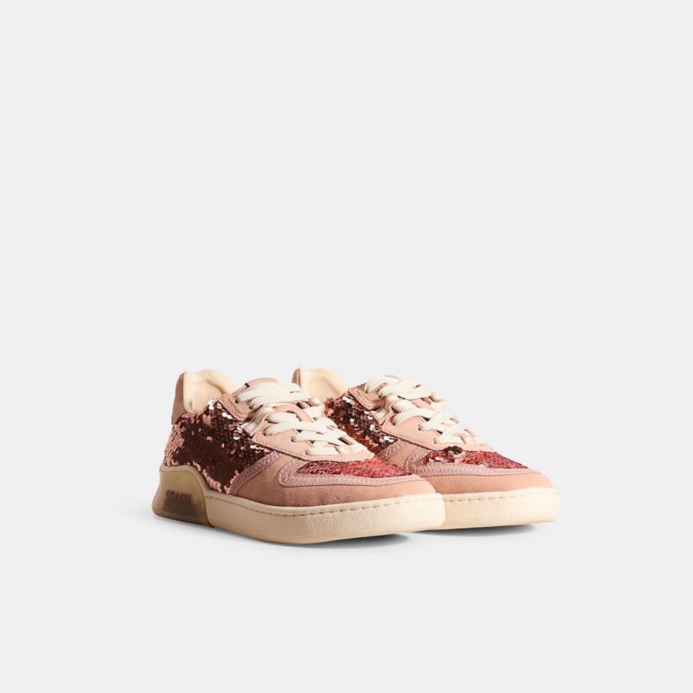 COACH®,Restored Citysole Court Sneaker,Casual,Stitching,Sequin,Logo,Cushion Toe,Cushioned,Traction,Casual,Rose Gold,Pink,Angle View