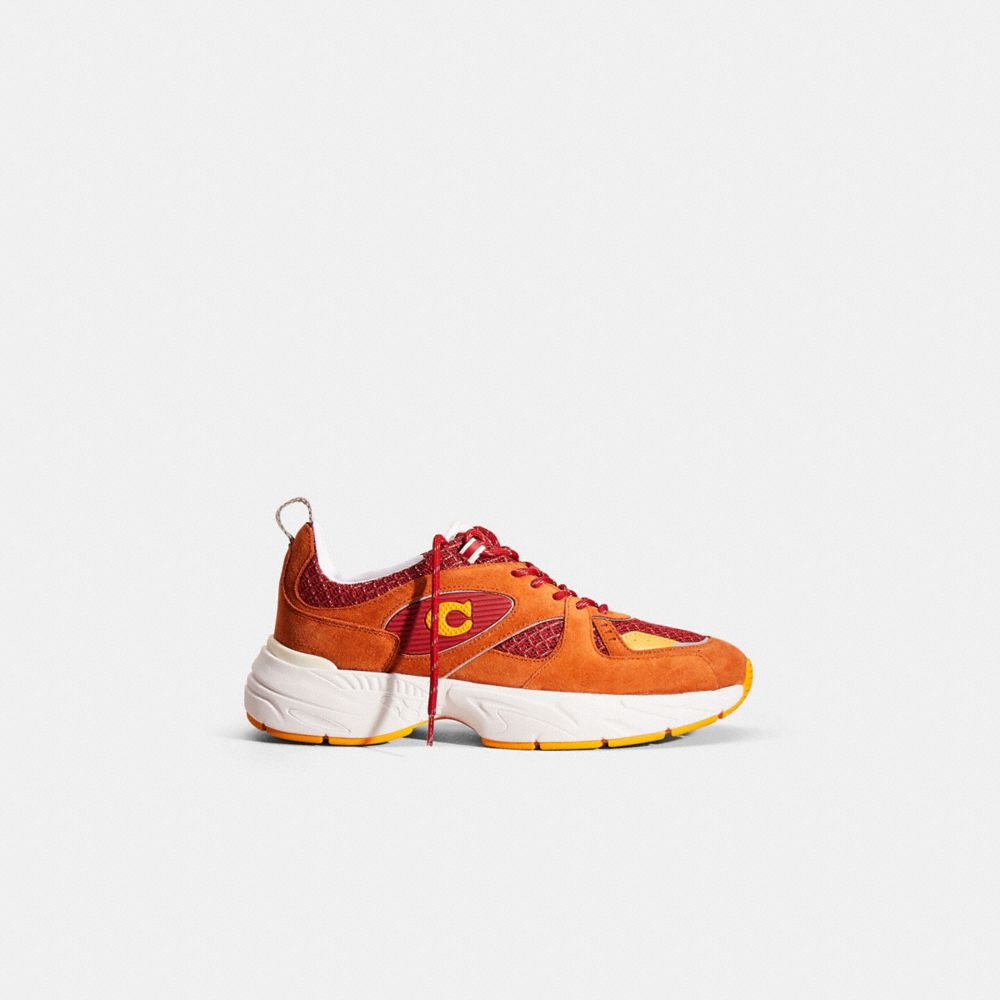 COACH®,Restored Tech Runner,Rubber,Leather,Casual,Activewear,Perforated,Logo,Mixed Media,Embossed,Color Block,Sustainable,...,Brown,Front View