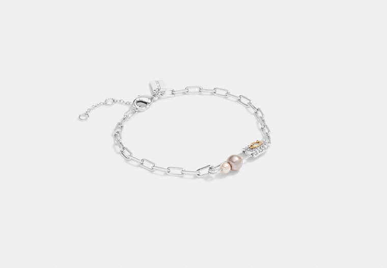 COACH®,SIGNATURE SAFETY PIN PEARL BRACELET,Plated Brass,Silver/Pink Multi,Front View