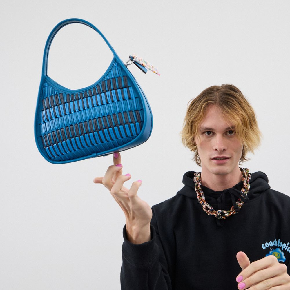 COACH®,Ergo Bag In Basket Weave Upcrafted Leather,Leather,Lining Leather,Acrylic,Shoulder Bag,Embossed,Logo,Day Party,Blue,Detail View