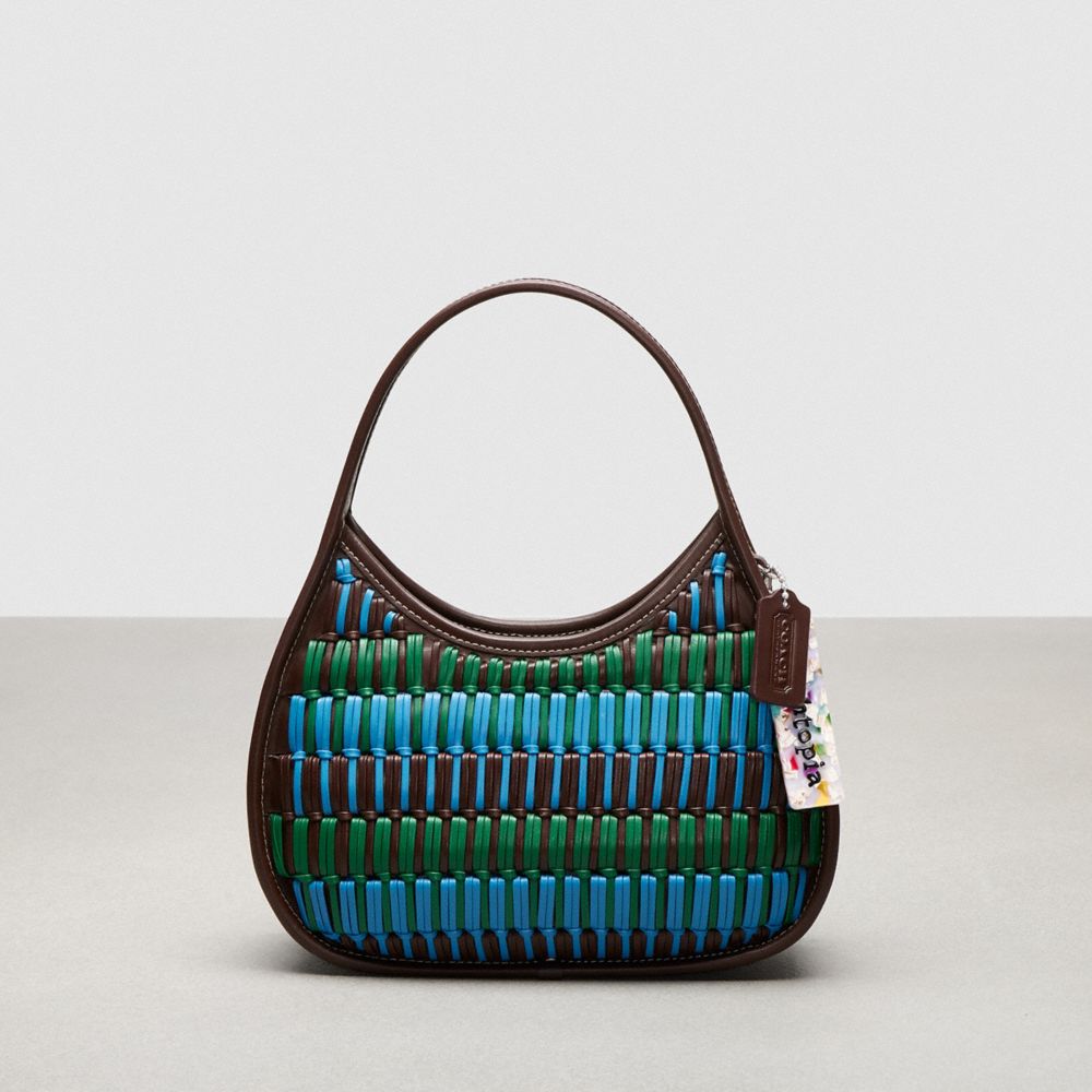 COACH®,Ergo Bag In Basket-Weave Upcrafted Leather,Upcrafted Leather™,Small,Green/Bright Blue Multi,Front View image number 0