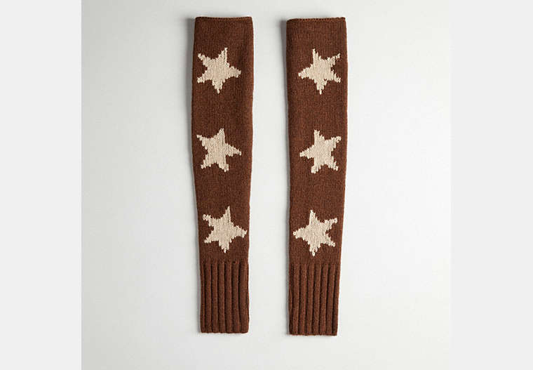 COACH®,Arm Warmers with Intarsia Star Graphic,98% Recycled Wool,Dark Brown/Camel,Front View image number 0