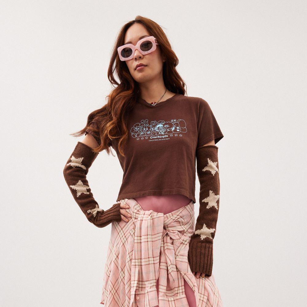 COACH®,Arm Warmers With Intarsia Star Graphic,Arm Warmers,Logo,Ribbed,NFC Technology,Casual,Brown,Detail View