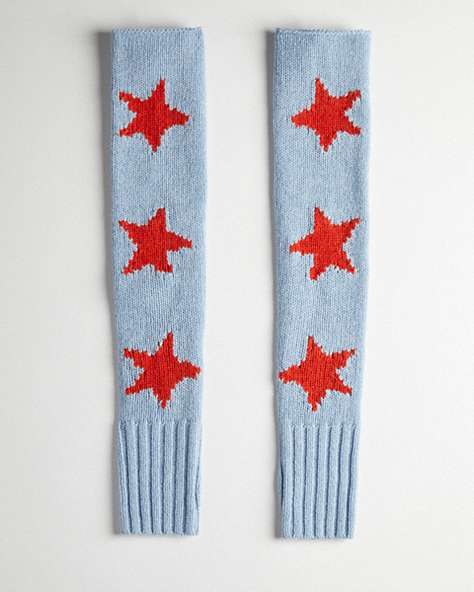 COACH®,Arm Warmers with Intarsia Star Graphic,98% Recycled Wool,Twilight/Deep Orange,Front View