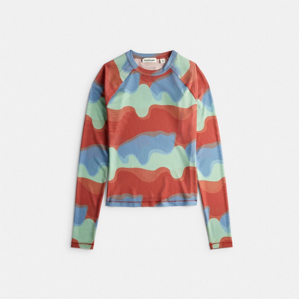 COACH®,Mesh Top With Wavy Print,Polyester,T Shirt,Tag Embellishment,Logo,Sustainable,2 way Stretch,Casual,Multi Color,Front View