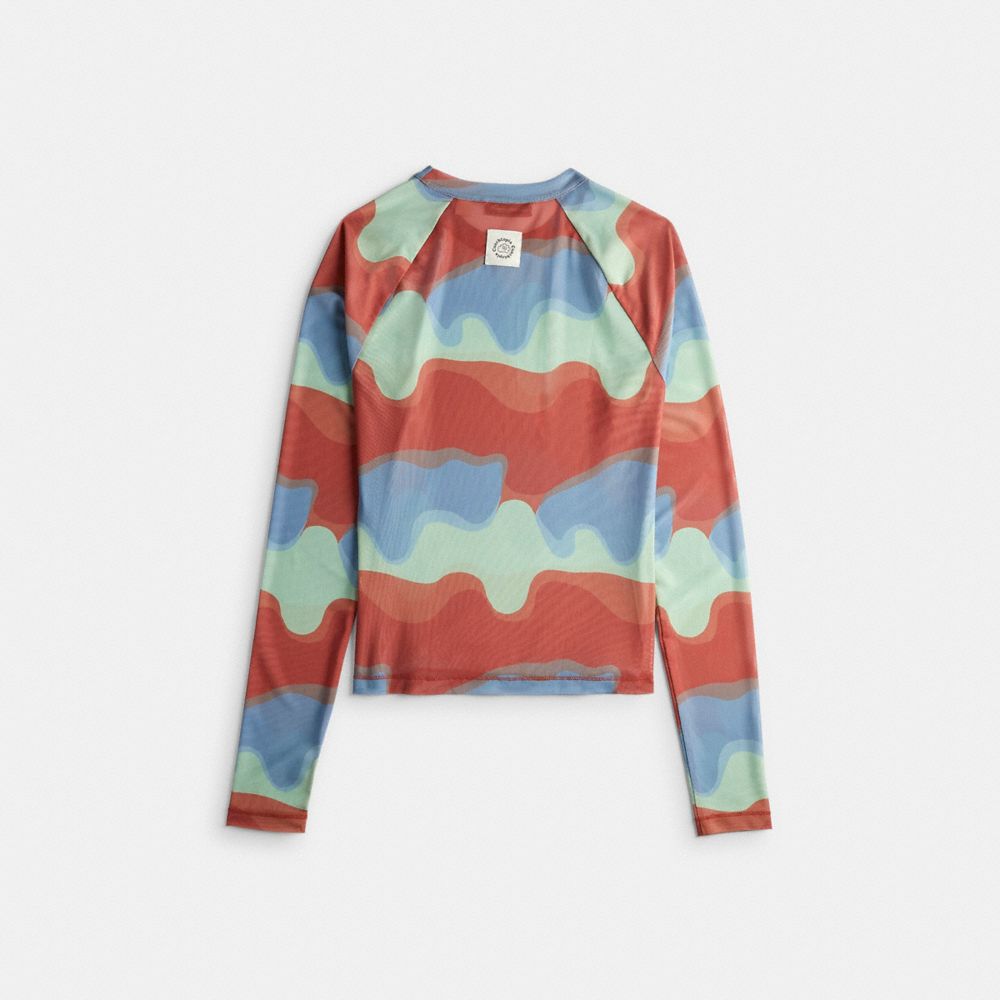 COACH®,Mesh Top With Wavy Print,Polyester,T Shirt,Tag Embellishment,Logo,Sustainable,2 way Stretch,Casual,Multi Color,Back View