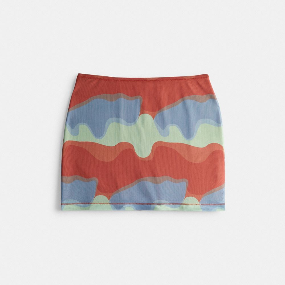 COACH®,Mesh Mini Skirt With Wavy Print,Polyester,Recycled Polyester,Bodycon,Eco-Friendly,2 way Stretch,Casual,Multi Color,Front View