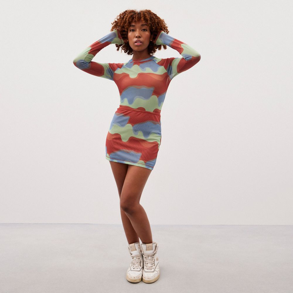 COACH®,Mesh Mini Skirt With Wavy Print,Polyester,Recycled Polyester,Bodycon,Eco-Friendly,2 way Stretch,Casual,Multi Color,Scale View
