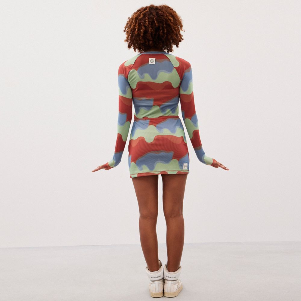 COACH®,Mesh Mini Skirt With Wavy Print,Polyester,Recycled Polyester,Bodycon,Eco-Friendly,2 way Stretch,Casual,Multi Color,Scale View