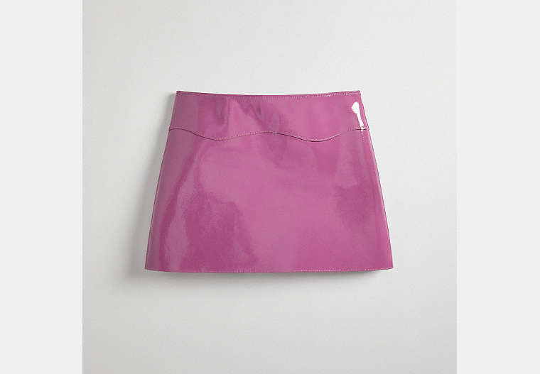 COACH®,Wavy Mini Skirt in Crinkle Patent Coachtopia Leather ,Coachtopia Leather,Lilac Berry,Front View image number 0