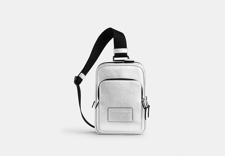COACH®,TRACK PACK 14 IN SILVER METALLIC,Pebble Leather,Mini,Black Antique Nickel/Metallic Silver,Front View