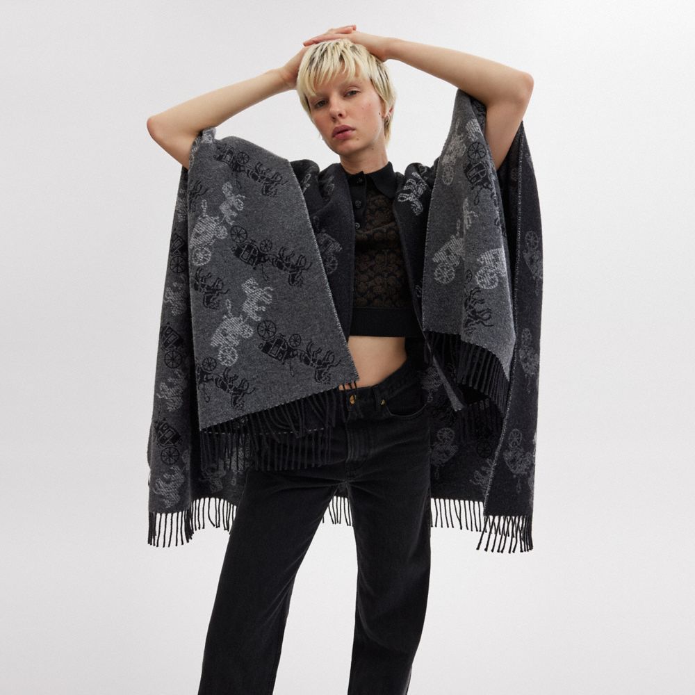 COACH®,Reversible Horse And Carriage Poncho,Wool,Cape,Fringe,Reversible,Casual,Gray,Detail View