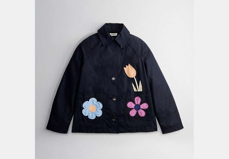 COACH®,Upcrafted Garden Applique Jacket,Repurposed trenchcoats,Raven Blue Multi,Front View