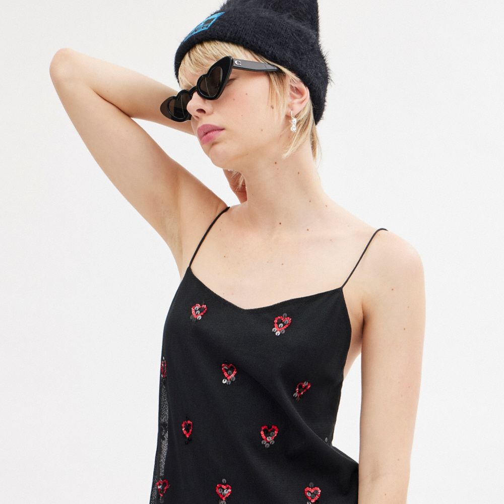 COACH®,The Lil Nas X Drop Short Cami Dress,Cotton,Slip,Sequin,Day Party,Black,Detail View
