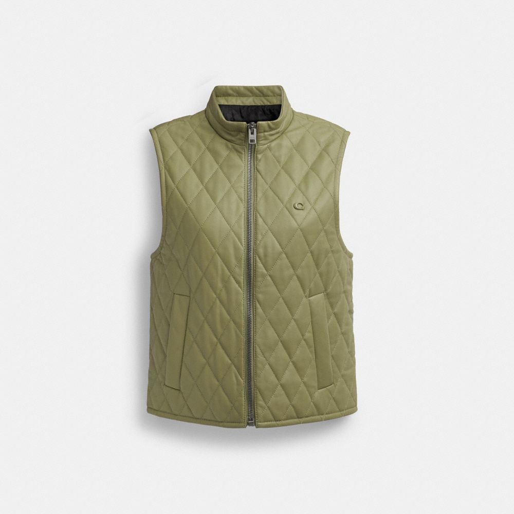 COACH®,LEATHER QUILTED VEST,Leather,The Leather Shop,Green,Front View