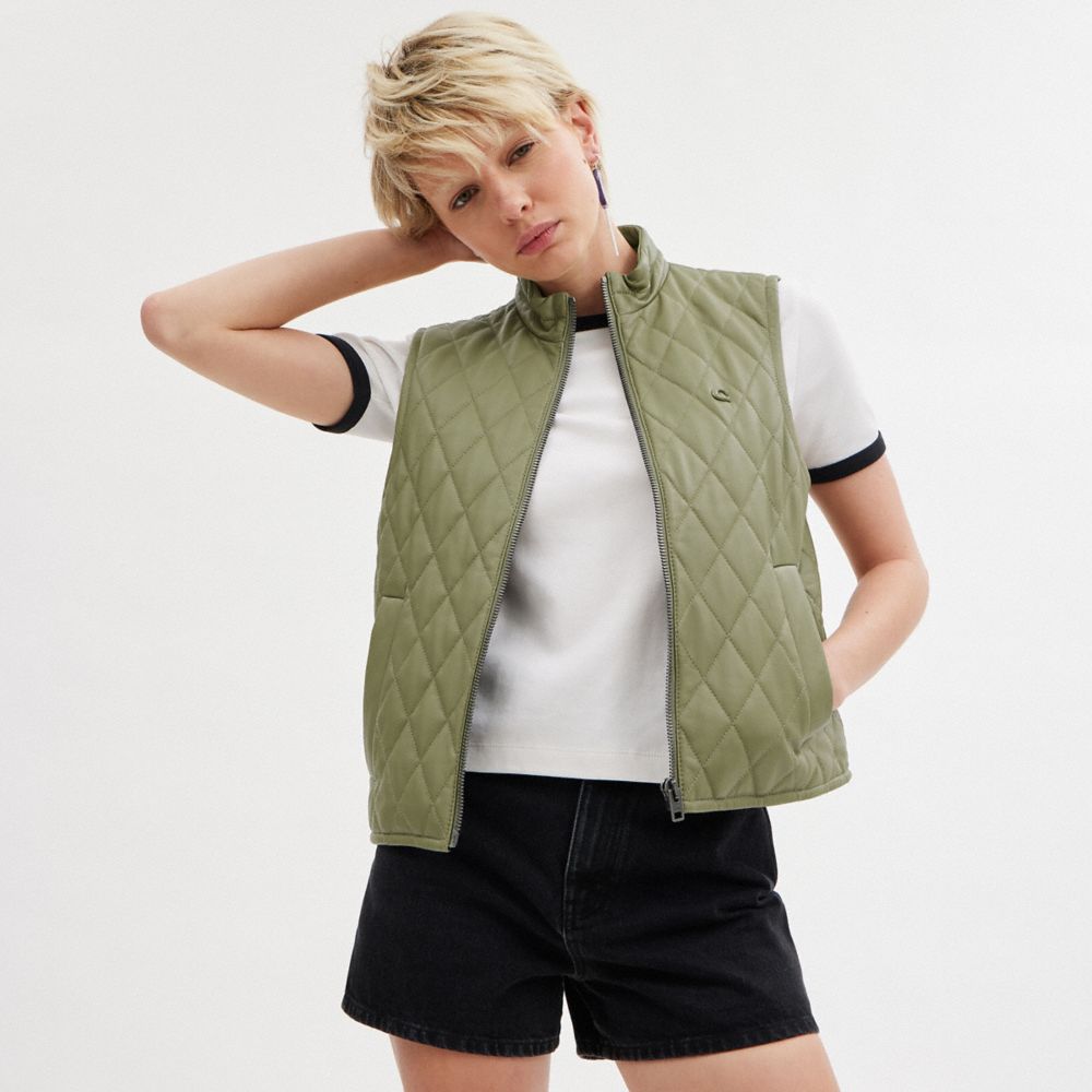 COACH®,LEATHER QUILTED VEST,Leather,The Leather Shop,Green,Scale View