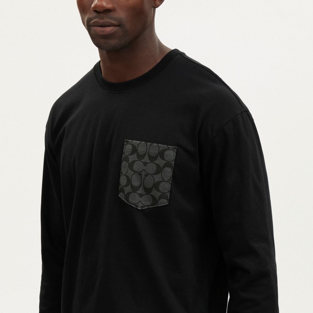 COACH®,Signature Long Sleeve T Shirt In Organic Cotton,Organic Cotton,T Shirt,Mixed Media,Eco-Friendly,Casual,Black,Detail View