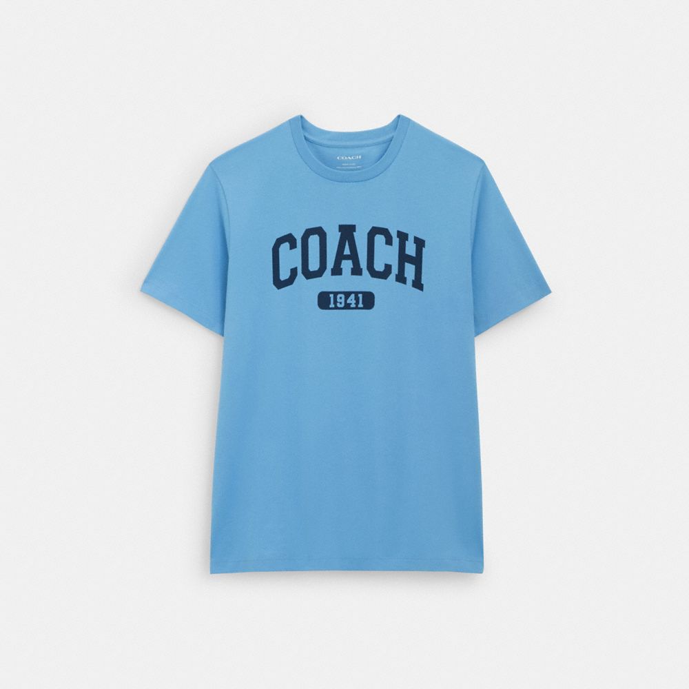 Shop Coach Outlet Varsity T-shirt In Organic Cotton In Light Blue