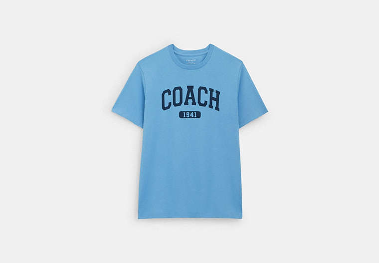 Shop Coach Outlet Varsity T-shirt In Organic Cotton In Light Blue