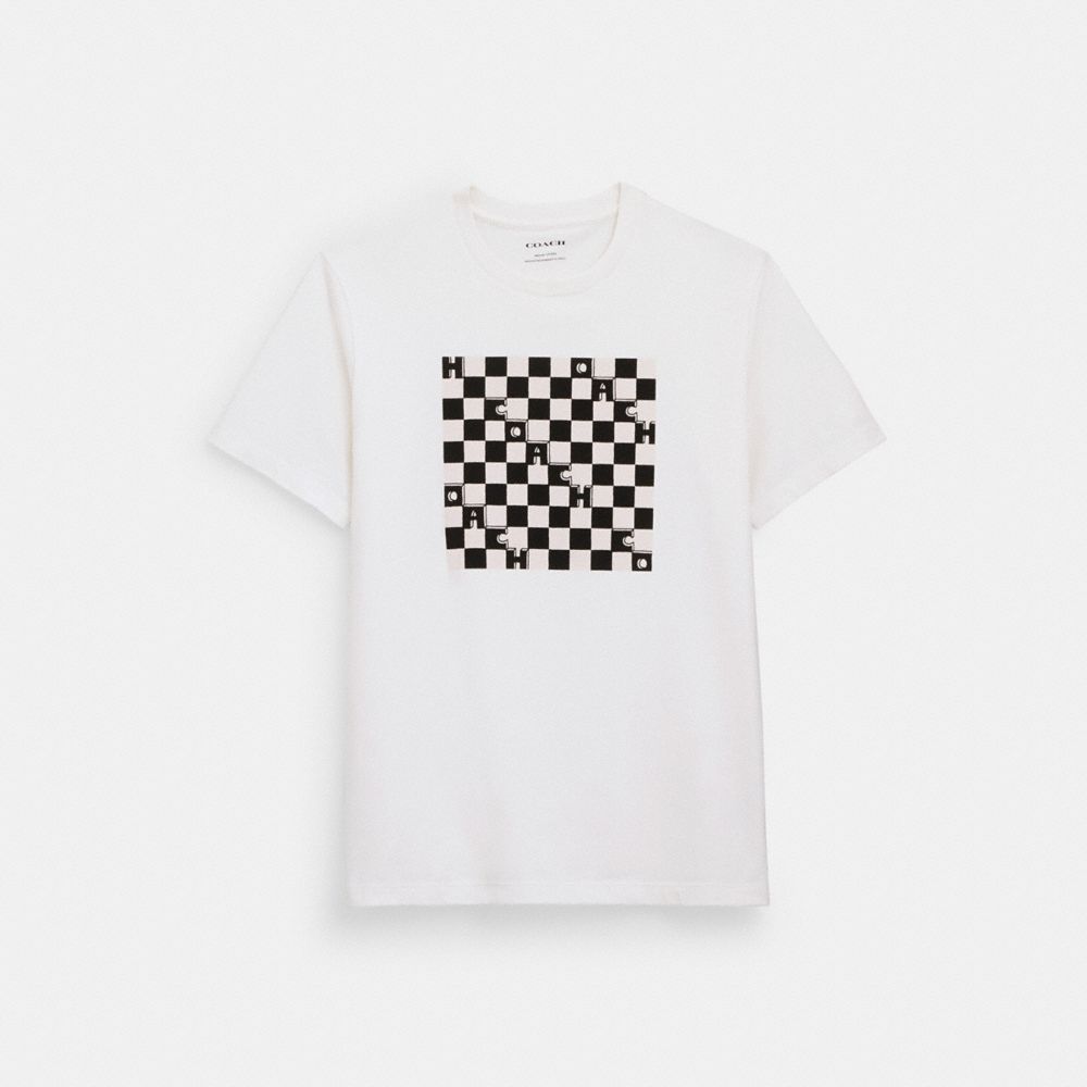 COACH®,CHECKERBOARD T-SHIRT IN ORGANIC COTTON,Black And White,Front View