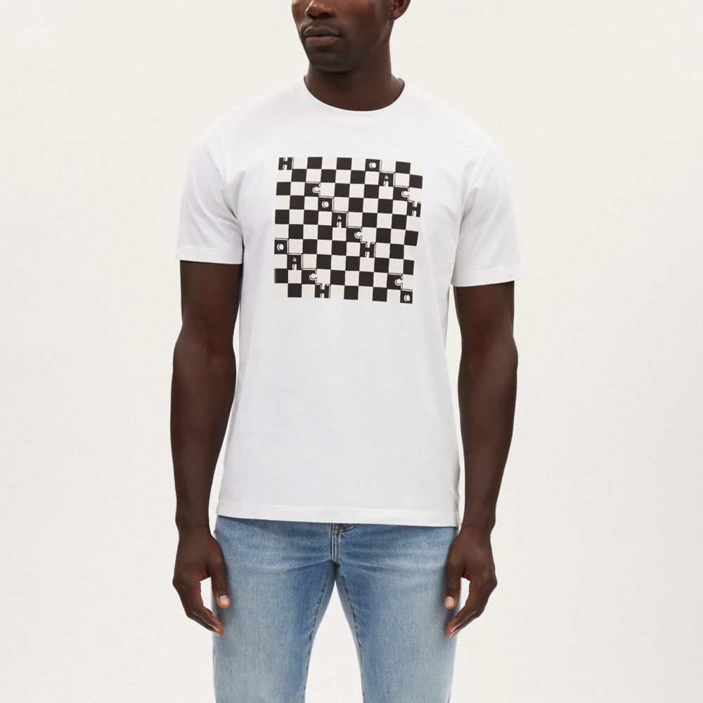 COACH®,CHECKERBOARD T-SHIRT IN ORGANIC COTTON,Black And White,Scale View