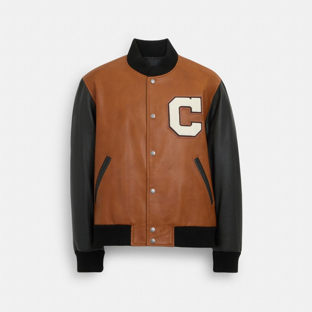 COACH®,LEATHER VARSITY JACKET,cotton,Brown/Black Multi,Front View