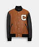 COACH®,LEATHER VARSITY JACKET,cotton,Brown/Black Multi,Front View