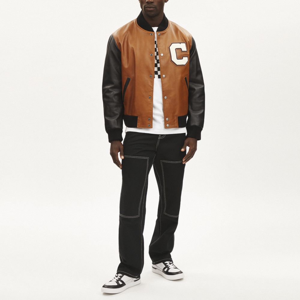 COACH®,LEATHER VARSITY JACKET,Brown/Black Multi,Scale View