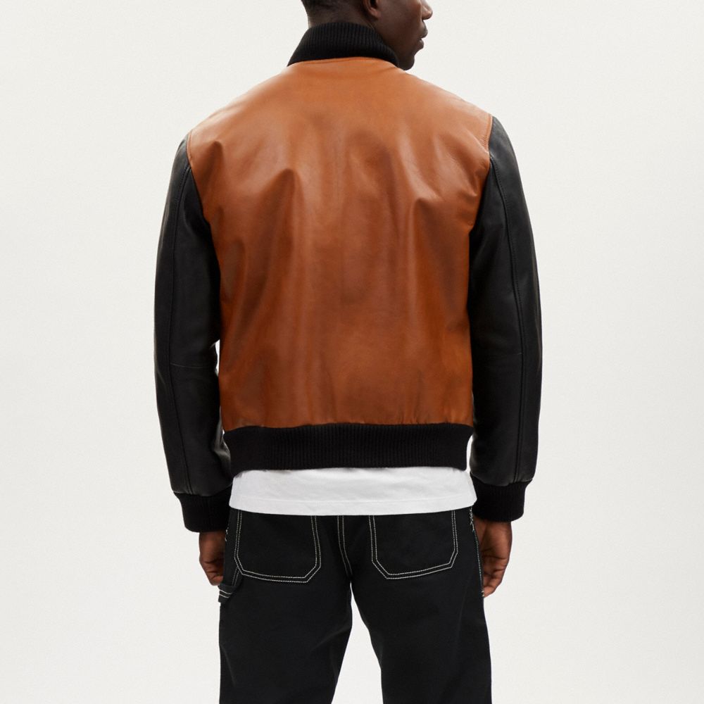COACH®,LEATHER VARSITY JACKET,Brown/Black Multi,Scale View