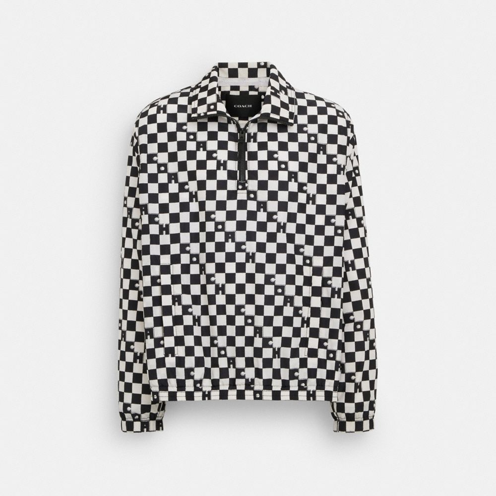 COACH®,CHECKERBOARD QUARTER ZIP WINDBREAKER,Black And White,Front View