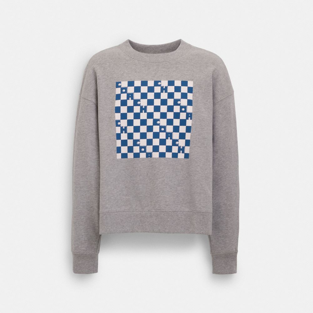 Shop Coach Outlet Checkerboard Crewneck Sweatshirt In Heather Grey