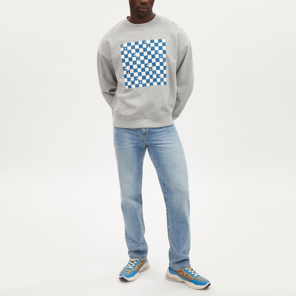 COACH®,CHECKERBOARD CREWNECK SWEATSHIRT,Heather Grey,Scale View