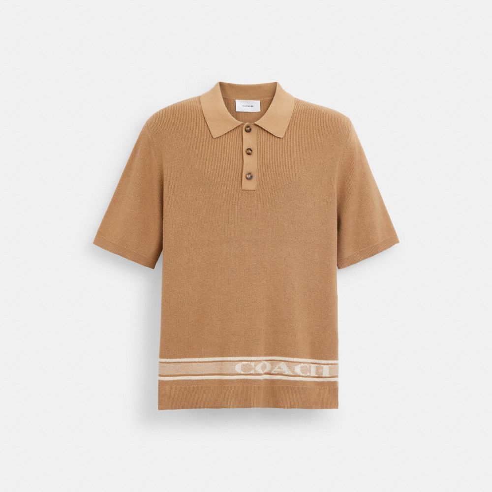 COACH®,KNIT POLO,cotton,Brown,Front View