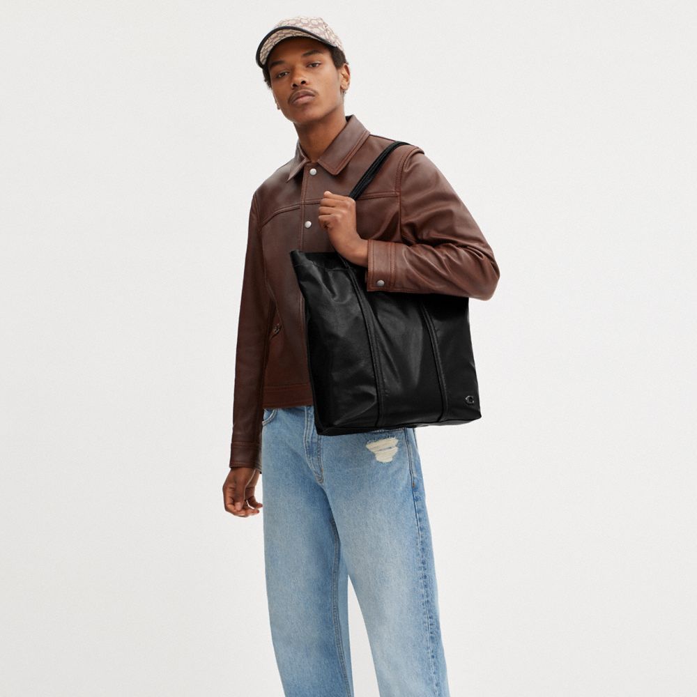 COACH®,Hall Tote Bag,Leather,Tote,Logo,Metal,Casual,Black,Detail View