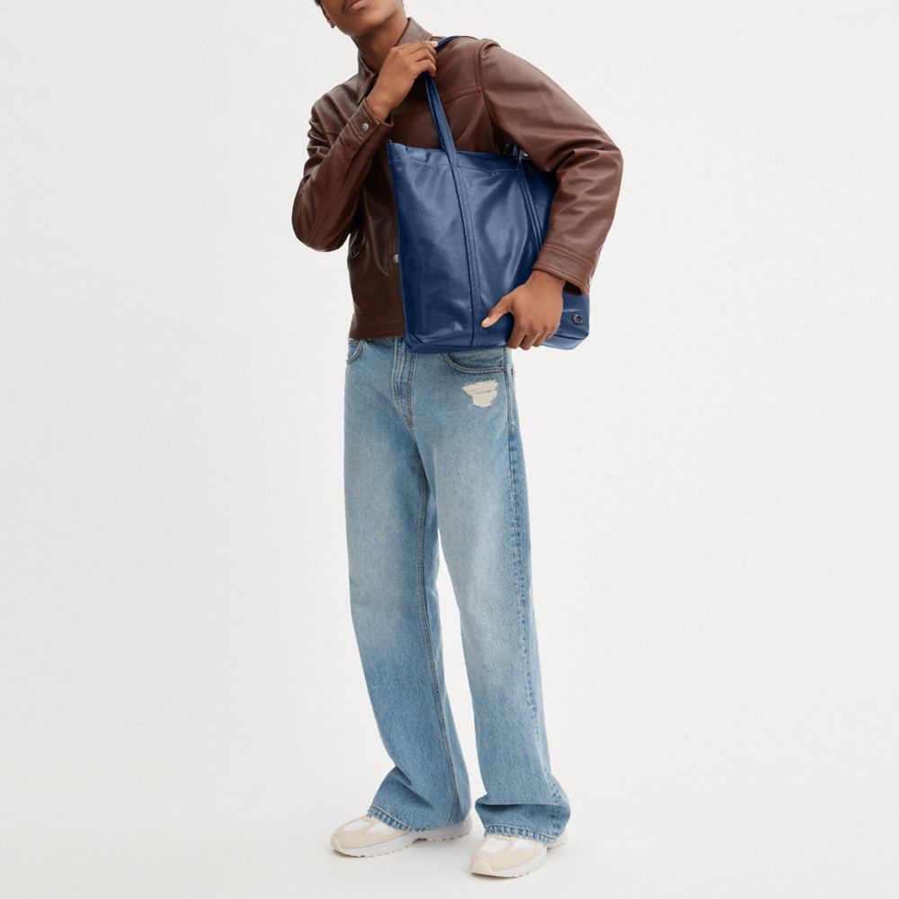 COACH®,Hall Tote Bag,Leather,Tote,Logo,Metal,Casual,Blue,Detail View