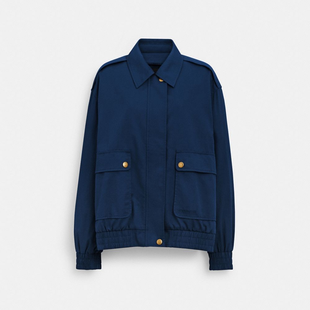 COACH®,SNAP FRONT HARRINGTON BOMBER,Metal,Deep Blue,Front View