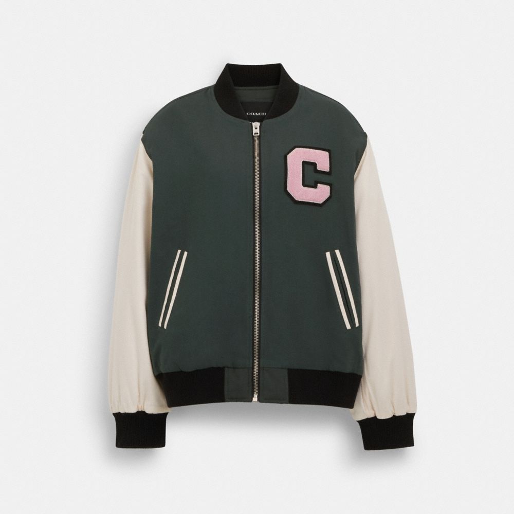 COACH®,COACH VARSITY JACKET,Forest Green,Front View